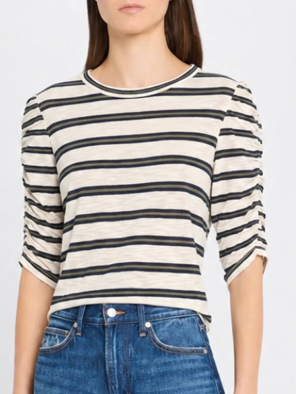 Veronica Beard Waldorf Striped Ruched-Sleeve T-Shirt